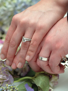 A closeup of hands wearing wedding rings