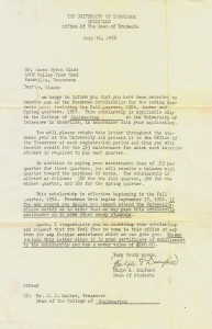 1956 scholarship letter from Dean Dunford