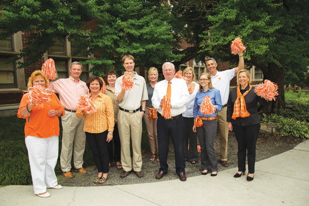 Tom Gill, center, who recently joined the UT Institute of Agriculture as the Donald and Terry Smith Endowed Chair for International Sustainable Agriculture and director of International Programs, receives a Big Orange welcome from UTIA and UT Foundation staff.