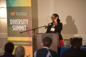 Professor Bridget Kelly speaks at podium at 2015 Diversity Summit