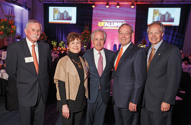 From left, Charles Wharton, Trish Williams, U.S. Sen. Bob Corker, UT Knoxville Chancellor Jimmy G. Cheek and Alan Wilson at the 2015 Alumni Awards Dinner at the Knoxville Convention Center. Corker and Wilson were honored with Distinguished Alumnus Awards.