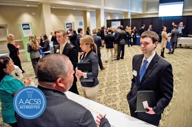 Students participate in “Meet the Firms Day” hosted by the College of Business and Global Affairs to help them network with professionals and practice interview and interpersonal skills.