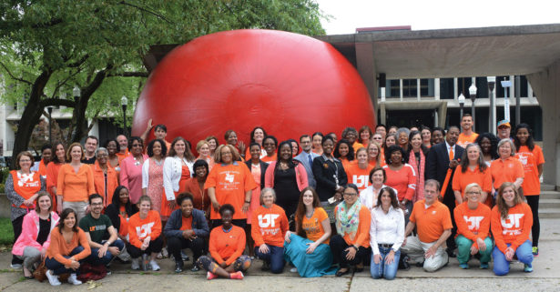 Faculty, staff and students turned out for a photo withthe 250 pound RedBall installation