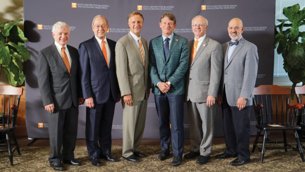 From left, Bill Fox, Chancellor Jimmy Cheek, Gov. Bill Haslam, Randy Boyd, Steve Mangum, President Joe DiPietro.