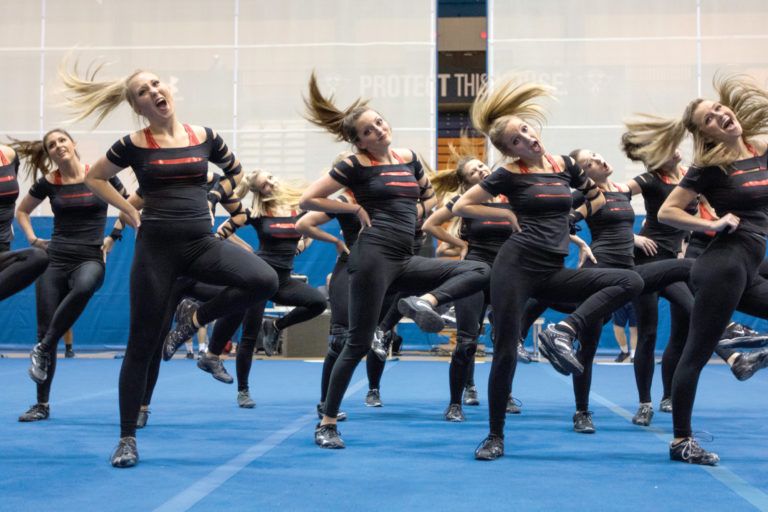 Members of UTM’s Alpha Omicron Pi sorority perform during homecoming’s Pyramid competition.