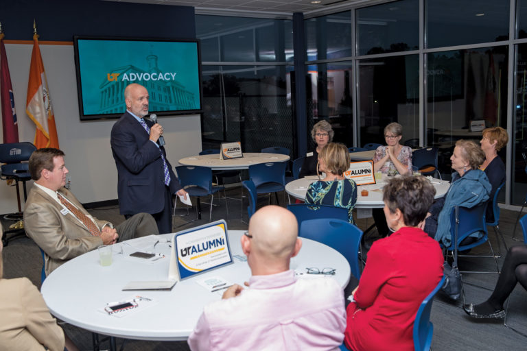 UT President Joe DiPietro speaks at an Advocacy 101 event hosted at UT Martin. He and Carey Whitworth, of the UT Office of Government Relations and Advocacy, emphasized how alumni can make a difference for the university with legislators.