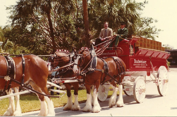 Bob Brandon, left, on the Clydesdale hitch wagon.
