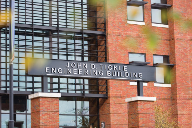 The entrance to the Engineering building bearing John D. Tickle's name