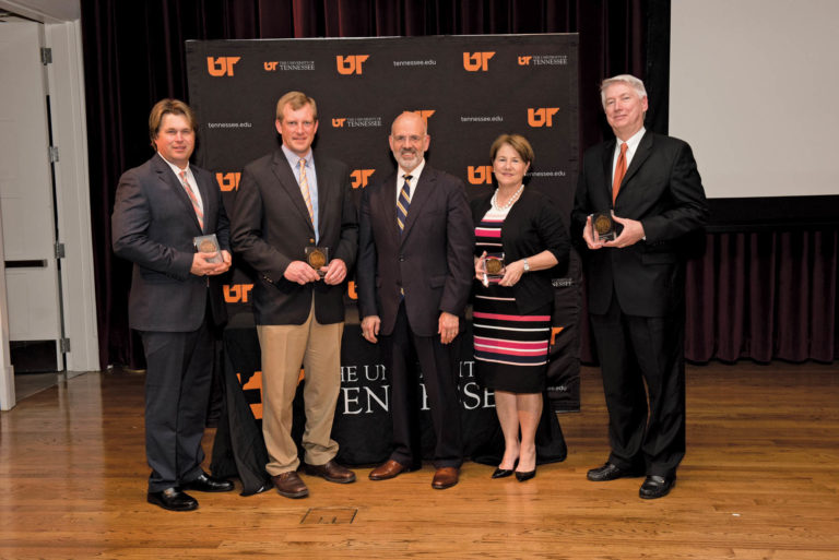 President Joe DiPietro, center, with President’s Award winners Steve Butler, Jason Roberts, Christine Smith, and Guy Reed (left to right).