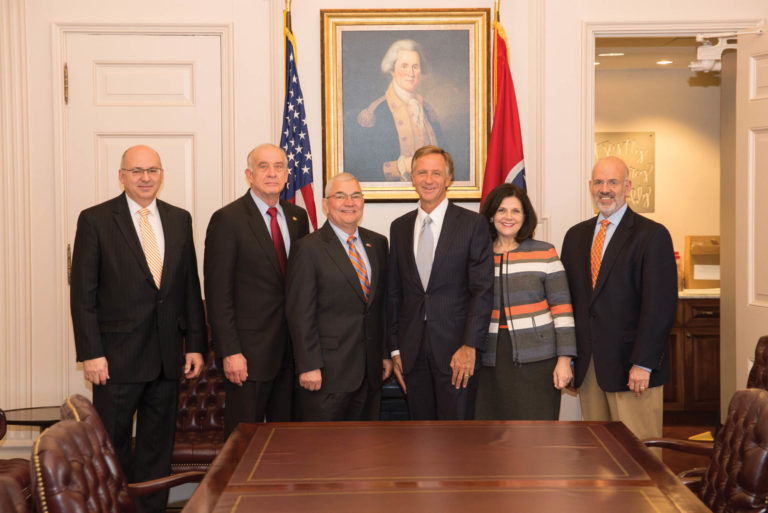 Gov. Bill Haslam (third from right) poses with VP Govt. Relations and Advocacy Anthony Haynes, retired Gens. John “Glad” Castellaw and Dennis Cavin, Chancellor Beverly Davenport, and President Joe DiPietro (left to right).