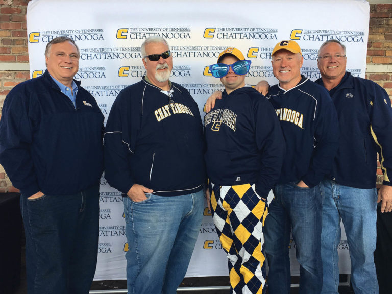 Former UTC football players gather for the Mocs playoff game in Chattanooga. From left, Don Lepard (Chattanooga ’82), Jim Shafer (Chattanooga ’84), Tripp Abney, Joey Abney (Chattanooga ’83) and Johnny Owens (Chattanooga ’84).