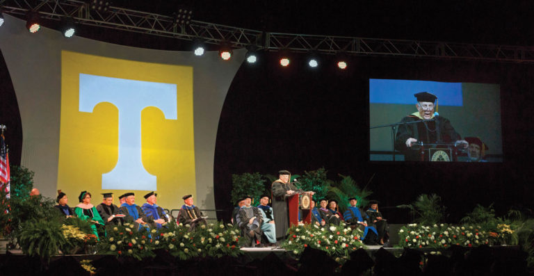 Jim Herbert (CASNR ’62) addresses fall graduates during December commencement, where he was awarded an honorary doctorate of agriculture in recognition of his service to the industry and his alma mater.