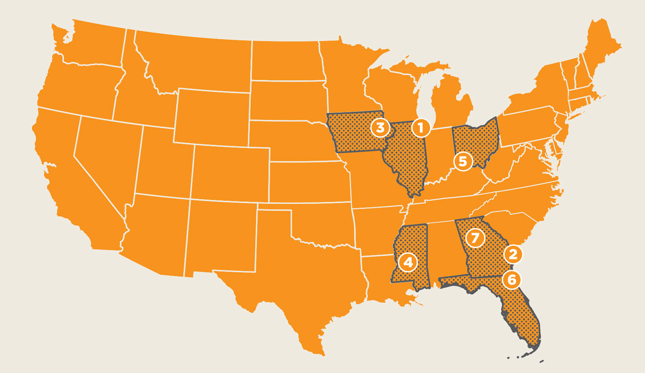 U.S. map with Illinois, Goeorgia, Iowa, Mississippi, Ohio and Florida highlighted