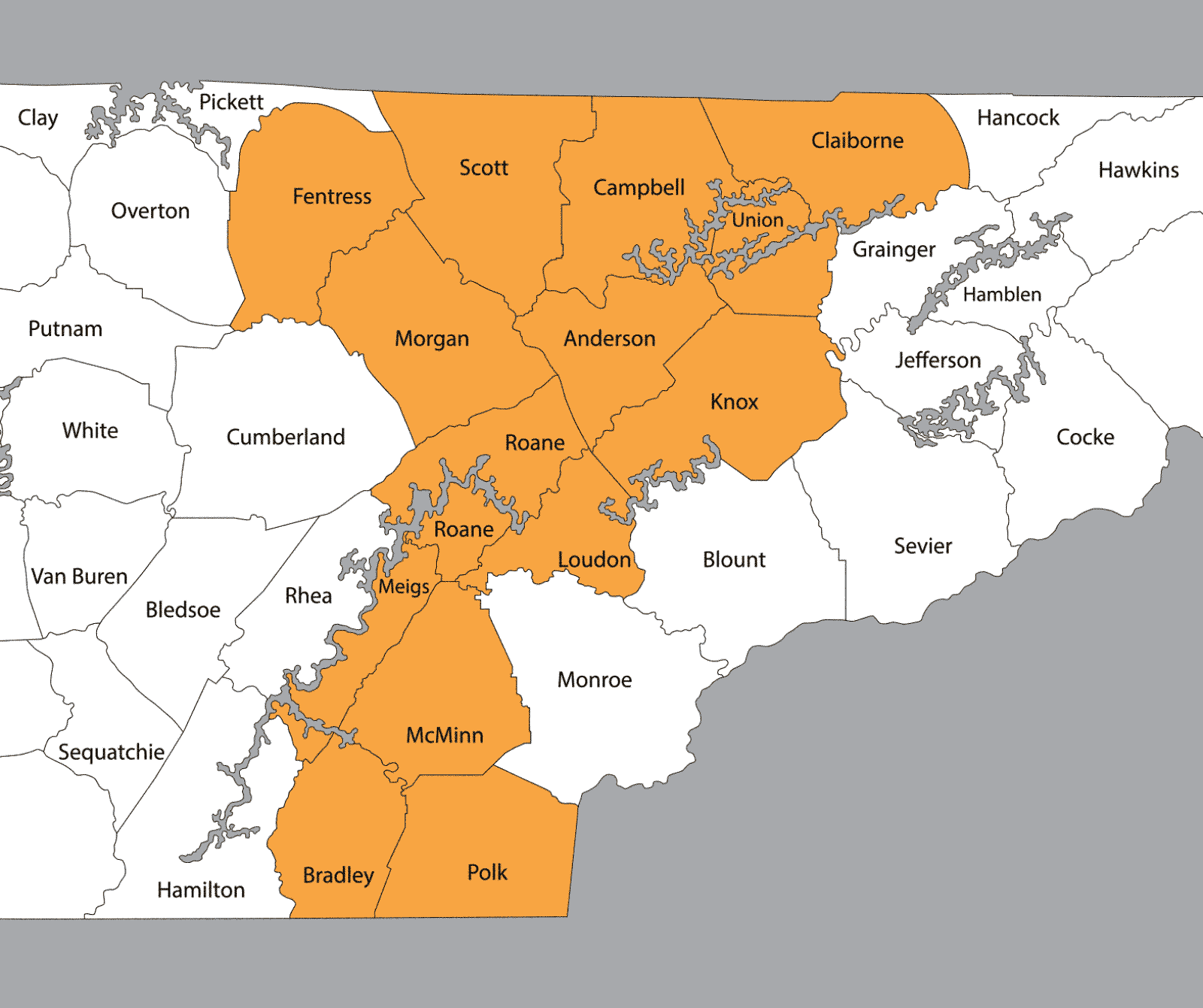 Map highlighting 15 neighboring counties in East Tennessee