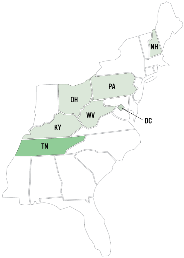 map of the eastern united states with Tennessee, Kentucky, West Virginia, Ohio, Pennsylvania, DC and New Hampshire highlighted