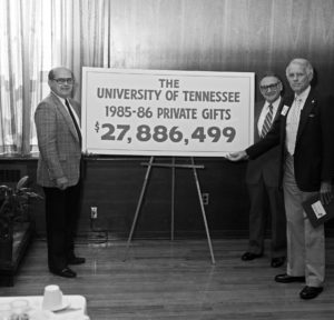 Joe Johnson and Ed Boling celebrate the raising of nearly $28 million in private gifts in 1986