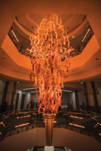 The glass torch sculpture in the new Student Union
