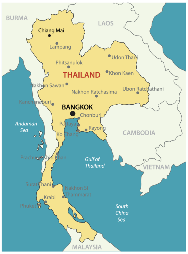 A map showing the country of Thailand with the southern city Bangkok prominently highlighted