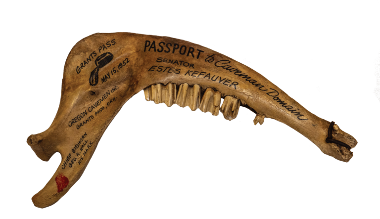 Animal jaw inscribed with Oregon Cavemen, Inc. Grants Pass 1952