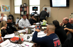 Firefighters engage in a group activity during a planning meeting