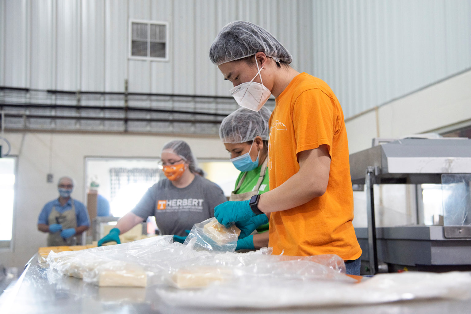 students work on packaging aged cheese in face masks, hairnets and protective gloves
